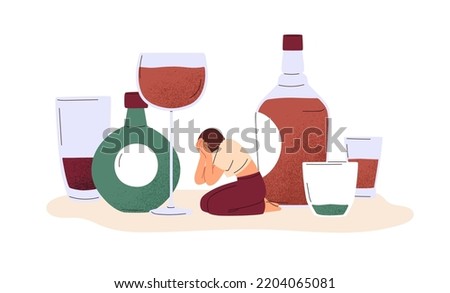 Alcohol abuse, excess and addiction concept. Unhappy addicted drunk woman suffering from alcoholism, booze, hangover among bottles. Flat graphic vector illustration isolated on white background