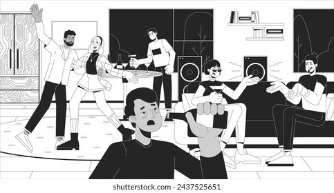 Alcohol abuse at home party black and white line illustration. Drunk guests interacting 2D characters monochrome background. Problems with overdrink at holiday outline scene vector image