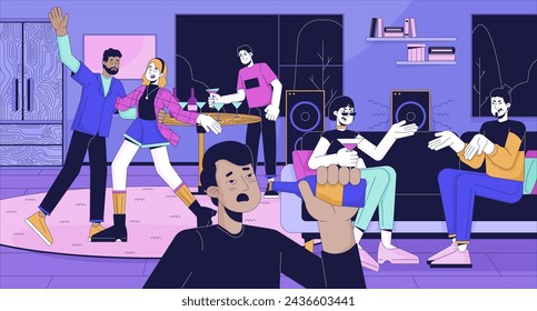 Alcohol abuse at home party cartoon flat illustration. Drunk guests interacting 2D line characters colorful background. Problems with overdrink at holiday scene vector storytelling image