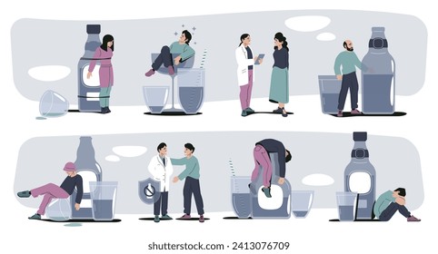 Alcohol abuse people. Cartoon drunk man and woman, alcohol addiction and alcoholism scene with sad drunk people. Vector illustration. Doctor curing disease, unhealthy lifestyle or bad habit