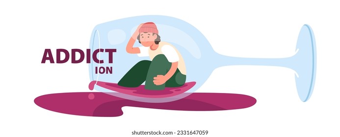 Alcohol addict person sitting inside wine glass. Depressed drunk alcoholic man having alcohol drink addiction problem. Bad health habit, booze, alcoholism illness concept flat vector illustration