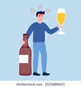 Alcohol addicted man character standing with beer or wine glasses, bottle in flat design vector illustration. Alcohol addiction concept.