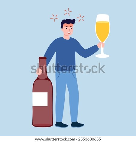 Alcohol addicted man character standing with beer or wine glasses, bottle in flat design vector illustration. Alcohol addiction concept.