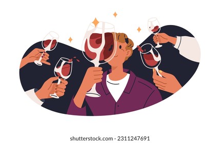 Alcohol addicted man at holiday party, booze. Person drinker, drunkard looking at wine drink in wineglasses with passion. Addiction concept. Flat vector illustration isolated on white background