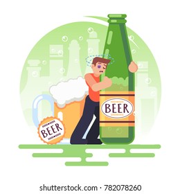 Alcohol addicted people man with a bottle of beer. Alcoholism. Vector colorful illustration in flat style image eps10