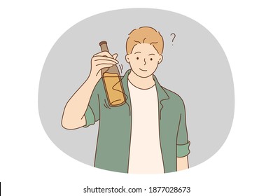 Alcohol addicted, spirit drinks, drinking lone concept. Young smiling man cartoon character standing holding bottle of wine, whiskey or other alcohol drink and ready to have it alone 