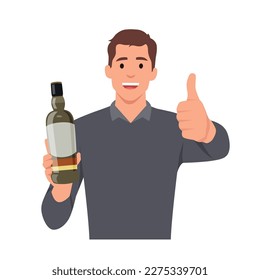 Adicción al alcohol, bebidas espirituosas, el concepto de beber solo. Joven caricaturista sonriente parada sosteniendo una botella de vino, whisky u otra bebida alcohólica y listo para tenerlo solo. 