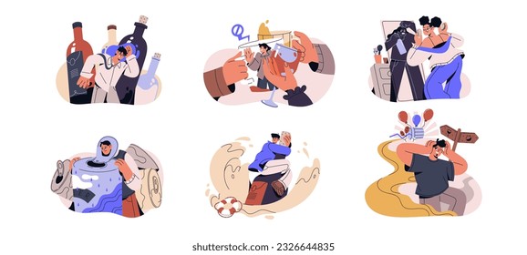 Alcohol addiction, abuse, alcoholism problem concept set. Addicted drunk people, drinkers, dunkards drink excessive spirits, alcoholic beverages. Flat vector illustrations isolated on white background