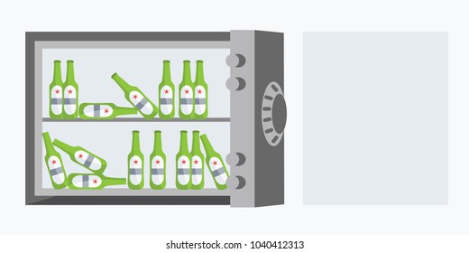 alcohol addiction or addicted cover. simple cartoon metallic opened electronic strongbox icon vector. digital iron safe box or cold fridge isolated. flat design bottle beer background & space for text