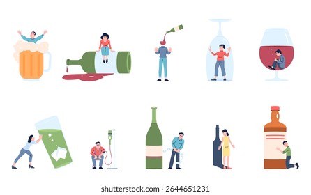 Alcohol addiction. Alcoholic characters with beverage bottles and glasses. Men women abuse wine whiskey cognac, unhealthy lifestyle recent vector scenes