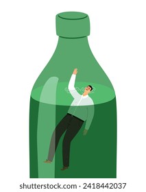 Alcohol addiction. Alcoholic is drowning in a bottle. Alcohol abuse concept vector illustration of drowning liquor, addiction of character beverage