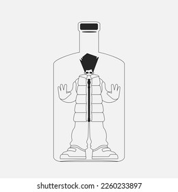 Alcohol addiction. attractive man is in a bottle. Newspaper black and white style.