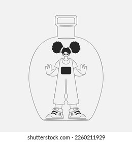 Alcohol addiction. attractive woman is in a bottle. Linear black and white style.