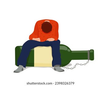 Alcohol addiction, bad habits, problems in life. A drunk man chained to a bottle of alcohol. Vector illustration.