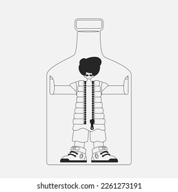 Alcohol addiction. charming guy is in the bottle. Linear black and white style.