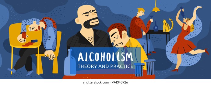 Alcohol addiction composition with theory and practice symbols flat vector illustration