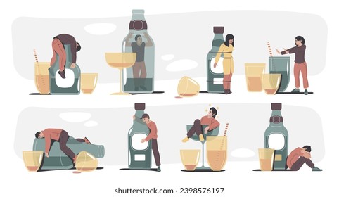 Alcohol addiction concept. Cartoon drunk people lying on floor, flat drunk people drinking beer and wine, cartoon alcoholic people with hangover. Alcoholism vector set. Characters in depression