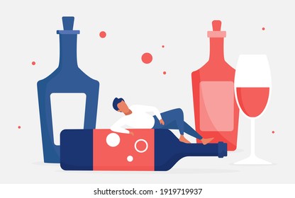 Ilustración vectorial del concepto de adicción al alcohol. Caricatura adulto adicto a la bebida personaje bebebedor en una botella grande vacía junto al vaso de bebida de vino tinto, problema de antecedentes alcohólicos malos hábitos no saludables