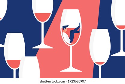 Alcohol addiction concept vector illustration. Cartoon man addict drinker character sitting in glass for red wine drink, alcoholism metaphor and hangover illness, social bad habit problem background
