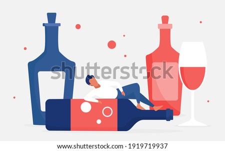 Alcohol addiction concept vector illustration. Cartoon adult man addict drinker character lying on empty big bottle next to glass of red wine drink, problem of alcoholic bad unhealthy habit background