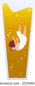 Alcohol addiction concept. Woman drown in drink glass isolated on white background