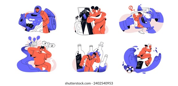 Alcohol addiction contour concept set. People with alcoholism problems excessive abuse spirits. Addicted characters, drinkers, dunkards drink wine, beer. Flat isolated vector illustrations on white