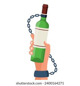 Alcohol addiction. Drunk male character chained to an alcohol bottle. Problems in life. Abuse and addictions. Bottle of wine in hand. Vector illustration flat design. Isolated on white background.