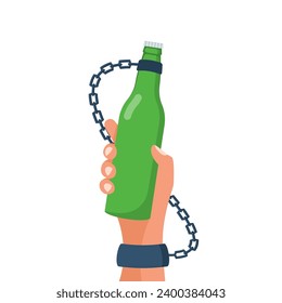 Alcohol addiction. Drunk male character chained to an alcohol bottle. Problems in life. Abuse and addictions. Bottle of beer in hand. Vector illustration flat design. Isolated on white background.