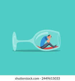 Alcohol addiction. Drunk male character sitting in a glass of wine. Problems in life. Abuse and addictions. Vector illustration flat design.