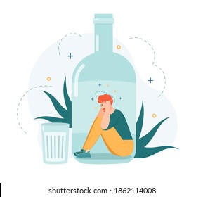 Adicción al alcohol. Hombre ebrio dentro de una botella de alcohol, mal hábito y estilo de vida insalubre, adicto al alcohol, frustrada ilustración de vector de persona. Carácter masculino joven con depresión
