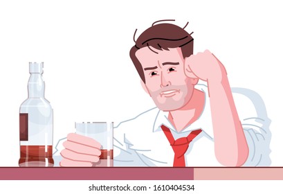 Alcohol Addiction Flat Color Vector Illustration. Alcoholism Habitual. Sloppy Guy With Whiskey. Sad, Tired, Drunk Caucasian Man Holding Glass Of Booze Isolated Cartoon Character On White Background