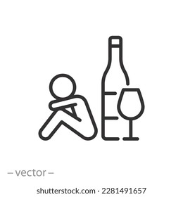 alcohol addiction icon, alcoholic with bottle, drinking human, thin line symbol on white background - editable stroke vector illustration eps10 svg