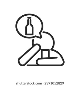 Alcohol Addiction Icon. Vector Outline Editable Isolated Sign of a Drunken Depressed Person at a Bar Counter, Symbolizing the Harsh Reality of Alcoholism and its Impact on Mental Health.