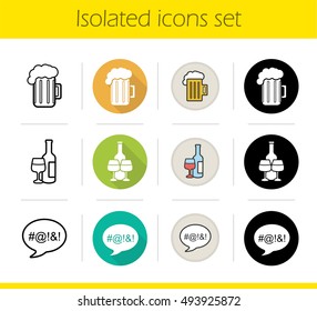 Alcohol addiction icons set. Flat design, linear, black and color styles. Foamy beer mug, wine glasses and bottle, dirty language. 