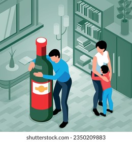 Alcohol addiction isometric concept with addicted man hugging bottle of wine and his frightened family 3d vector illustration