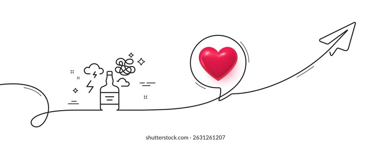 Alcohol addiction line icon. Continuous line with share plane. Difficult stress sign. Mental health problem symbol. 3d heart in speech bubble. Alcohol addiction single line ribbon. Vector