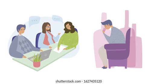 Alcohol addiction, mental disorders in company and alone flat vector illustration. Sad man drinking alcohol while sitting on an armchair when left alone. Dipsomaniac, alcohol danger for health, boozer