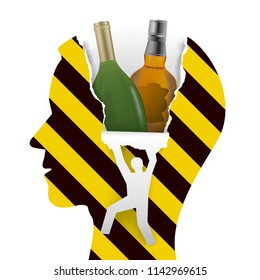 Alcohol addiction.
Paper Male head with alcohol botlles. Vector available. 