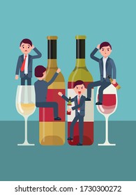 Alcohol addiction, people abuse spirit, man is an alcoholic, problem alcoholism, design, cartoon style vector illustration. Glass bottles with wine, habit drinking, depression, bad character drunkards