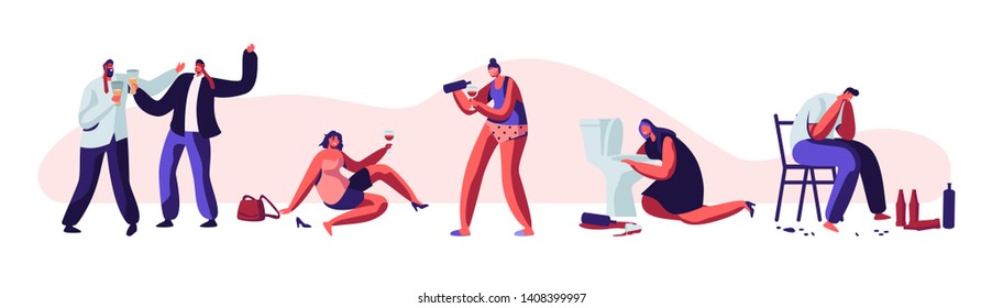 Alcohol Addiction People Set. Male and Female Human Characters Having Pernicious Habits Addictions and Substance Abuse, Drunk Men and Women Lying on Ground, Puking. Cartoon Flat Vector Illustration