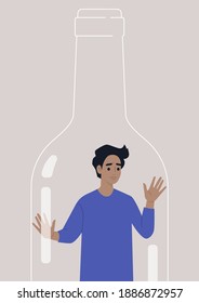 Alcohol addiction problem, a young male character trapped inside a wine bottle