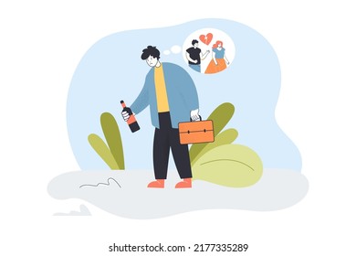 Alcohol addiction of sad man thinking about conflict with woman. Person holding wine bottle flat vector illustration. Breakup, love, separation concept for banner, website design or landing web page