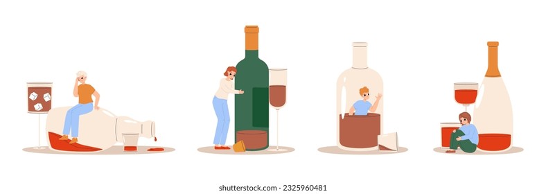 Escenas de adicción al alcohol, adolescente borracho y botella de bebida fuerte. Abusar de bebidas tóxicas en las fiestas, problemas de salud mental. Conjunto de vector de alcoholismo