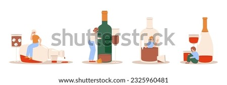 Alcohol addiction scenes, drunk teenager and bottle of strong drink. Abuse toxic drinks on party, mental health problems. Alcoholism snugly vector set