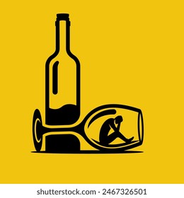 Alcohol addiction. Silhouette drunk male character sitting in a glass of wine. Problems in life. Abuse and addictions. Vector illustration flat design.