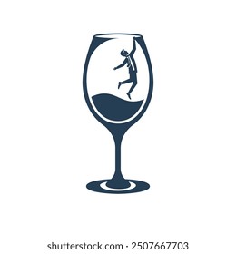 Alcohol addiction. Silhouette drunk male character trying to get out of the glass. Problems in life. Abuse and addictions. Vector illustration flat design.