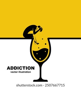 Alcohol addiction. Silhouette drunk woman character sitting in a glass of wine. Problems in life. Abuse and addictions. Vector illustration flat design.