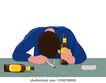 Alcohol addiction, smoking, bad habits. A drunk man fell asleep with an unfinished cigarette. Vector illustration.