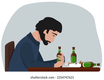 Alcohol addiction, smoking, bad habits. A drunk man at the table drinks alcohol and smokes. Vector illustration.