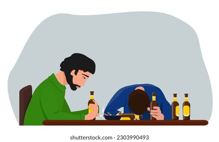 Alcohol addiction, smoking, bad habits. Two drunk men are drinking alcohol while sitting at a table. Vector illustration.